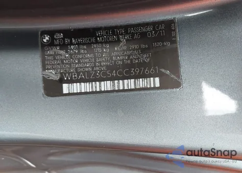 2012 BMW 650I z USA, uszkodzony, nr VIN WBALZ3C5XCDL72676